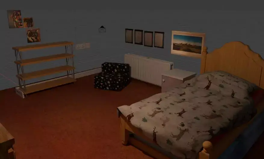 The corner of the bedroom, where the bed, radiator, shelf and chair are visible